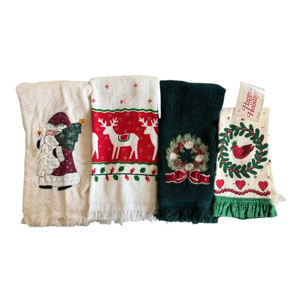 Vintage Set of 4 - Christmas Holiday Tea / Hand Towels Santa, Reindeer, Wreath